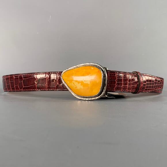 APRIL in PARIS Size S Burgundy Yellow Embossed Sterling Silver Belt